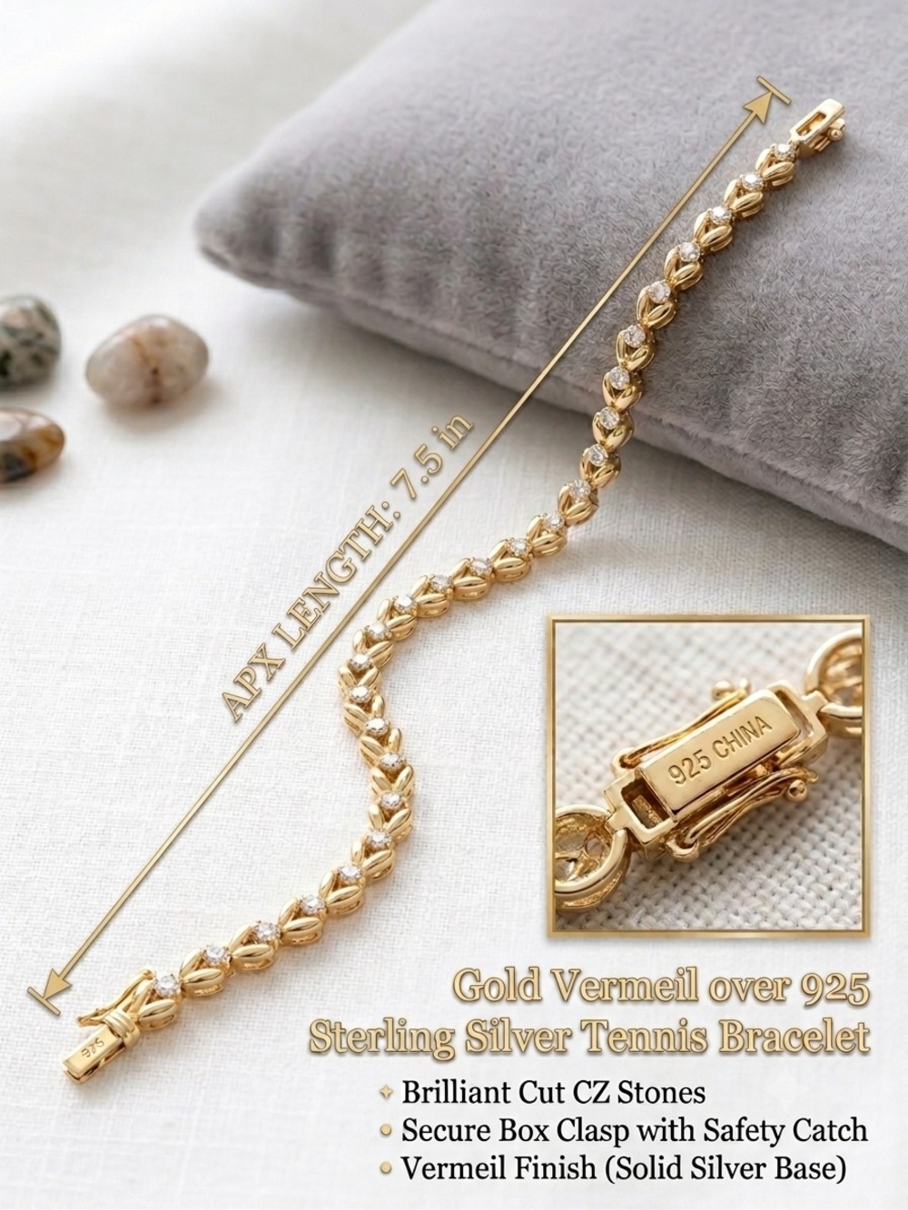 Gold Vermeil Tennis Bracelet over 925 Sterling Silver - 7.5 in